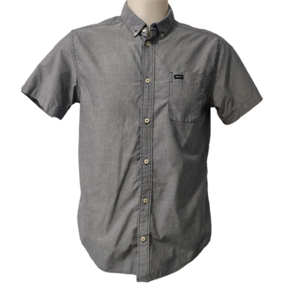 RVCA Button Down Shirt L Mens Slim F Grey Short Sleeve Streetwear Norm Core Logo